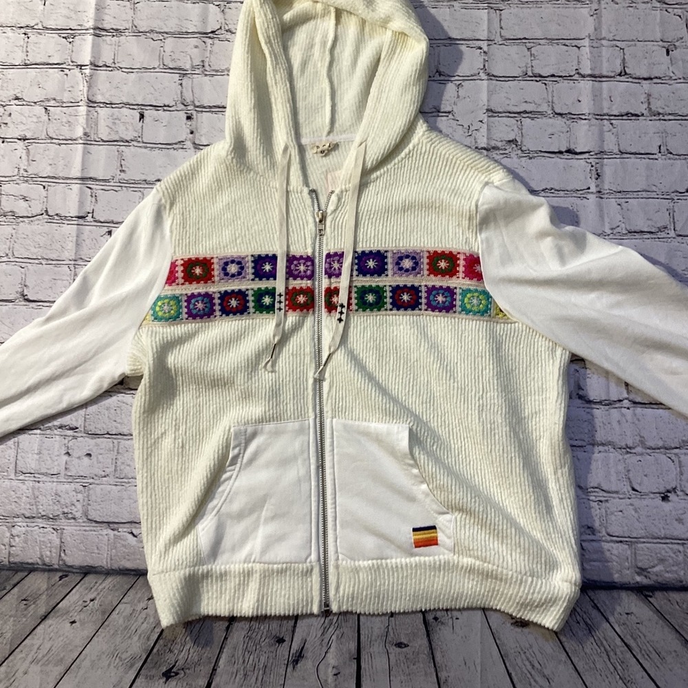 POL Granny Square Crochet Hooded Zipper Sweatshirt White Rainbow Boho Medium
